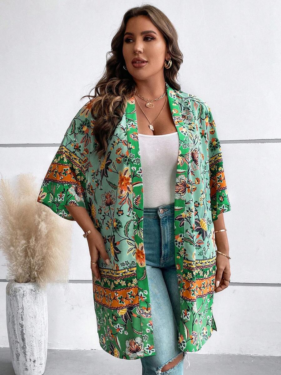 SHEIN LUNE Plus Floral Print Open Front Kimono, For Summer Beach Vacation