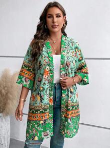 SHEIN LUNE Plus Floral Print Open Front Kimono, For Summer Beach Vacation