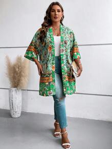 SHEIN LUNE Plus Floral Print Open Front Kimono, For Summer Beach Vacation