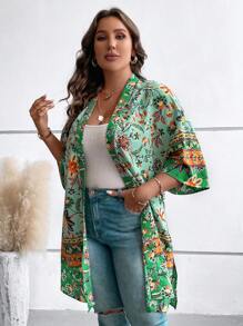 SHEIN LUNE Plus Floral Print Open Front Kimono, For Summer Beach Vacation