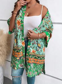 SHEIN LUNE Plus Floral Print Open Front Kimono, For Summer Beach Vacation