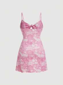 SHEIN MOD 印花前打結木耳邊吊帶連衣裙 - 粉色 - 查看 2