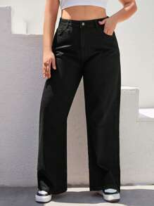 RueChic Plus Size  High Waist Wide Leg Jeans - Black - View 1