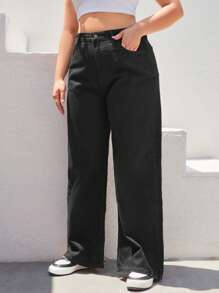 RueChic Plus Size  High Waist Wide Leg Jeans - Black - View 3