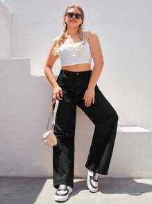 RueChic Plus Size  High Waist Wide Leg Jeans - Black - View 5