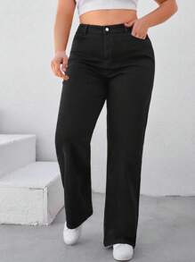 EURMUSE 98%Cotton Plus High Waist Straight Leg Jeans - Black - View 1