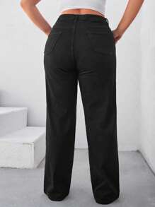 EURMUSE 98%Cotton Plus High Waist Straight Leg Jeans - Black - View 2