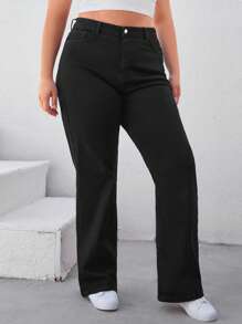 EURMUSE 98%Cotton Plus High Waist Straight Leg Jeans - Black - View 3