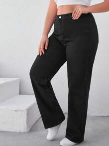 EURMUSE 98%Cotton Plus High Waist Straight Leg Jeans - Black - View 4