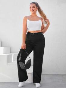 EURMUSE 98%Cotton Plus High Waist Straight Leg Jeans - Black - View 5