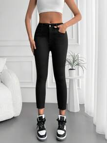 RueChic Solid Slant Pocket Skinny Cropped Jeans - Black - View 1