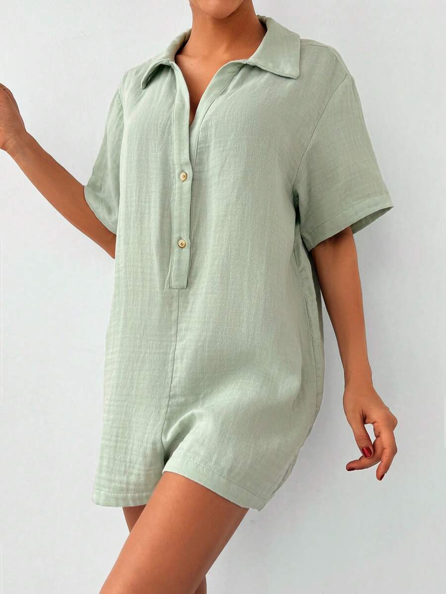 EURMUSE Solid Button Front Shirt Romper - Mint Green - View 1