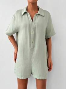 EURMUSE Solid Button Front Shirt Romper - Mint Green - View 3