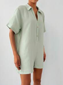 EURMUSE Solid Button Front Shirt Romper - Mint Green - View 4