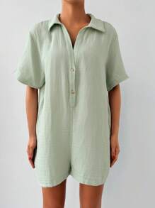 EURMUSE Solid Button Front Shirt Romper - Mint Green - View 5