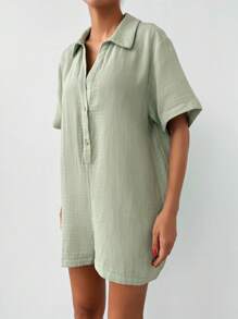 EURMUSE Solid Button Front Shirt Romper - Mint Green - View 6