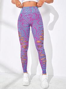 Allover Print Wideband Waist Ripped Sports Leggings