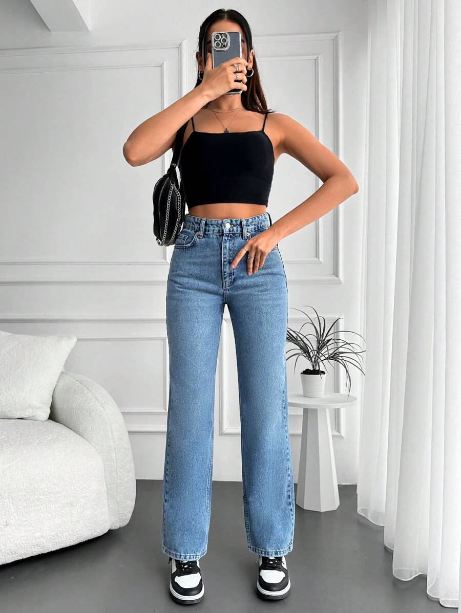EURMUSE High Waist Straight Leg Jeans - Light Wash - View 1