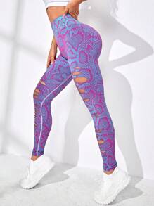 Allover Print Wideband Waist Ripped Sports Leggings