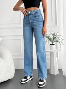 EURMUSE High Waist Straight Leg Jeans - Light Wash - View 3