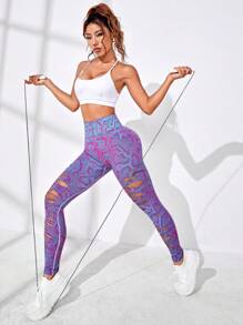 Allover Print Wideband Waist Ripped Sports Leggings