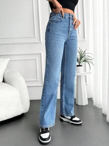 EURMUSE High Waist Straight Leg Jeans - Light Wash - View 4