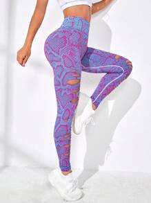 Allover Print Wideband Waist Ripped Sports Leggings