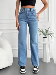EURMUSE High Waist Straight Leg Jeans - Light Wash - View 5
