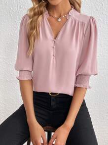 SHEIN Privé Frill Trim Button Front Puff Sleeve Blouse,Three Quarter Sleeve Tops - Dusty Pink - View 1