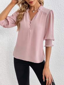 SHEIN Privé Frill Trim Button Front Puff Sleeve Blouse,Three Quarter Sleeve Tops - Dusty Pink - View 3