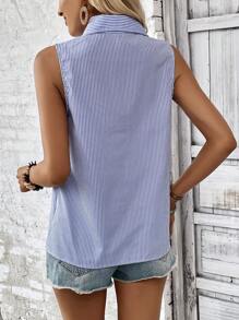 SHEIN VCAY In sọc Nút phía trước Không tay Áo sơ mi - Xanh và trắng - Xem 2