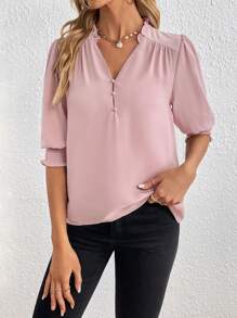 SHEIN Privé Frill Trim Button Front Puff Sleeve Blouse,Three Quarter Sleeve Tops - Dusty Pink - View 4