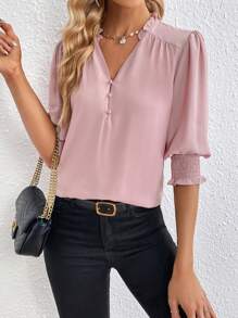 SHEIN Privé Frill Trim Button Front Puff Sleeve Blouse,Three Quarter Sleeve Tops - Dusty Pink - View 5