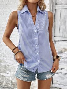SHEIN VCAY In sọc Nút phía trước Không tay Áo sơ mi - Xanh và trắng - Xem 4