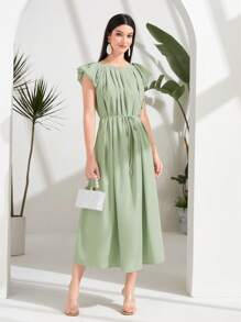 Seusyu 素色腰帶阿拉伯連衣裙 - 橄欖綠 - 查看 3