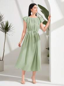 Seusyu 素色腰帶阿拉伯連衣裙 - 橄欖綠 - 查看 4