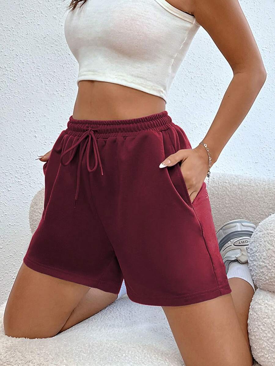 SHEIN Unity 腰部抽繩斜口袋短褲 - 酒紅色 - 查看 1