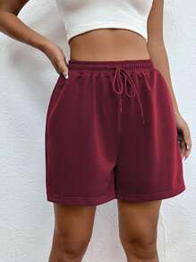 SHEIN Unity 腰部抽繩斜口袋短褲 - 酒紅色 - 查看 3