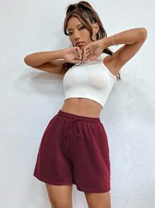 SHEIN Unity 腰部抽繩斜口袋短褲 - 酒紅色 - 查看 5