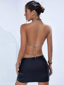 SHEIN ICON Chi tiết chuỗi Không lưng Áo Crop Halter - Màu Hồng Tươi - Xem 2