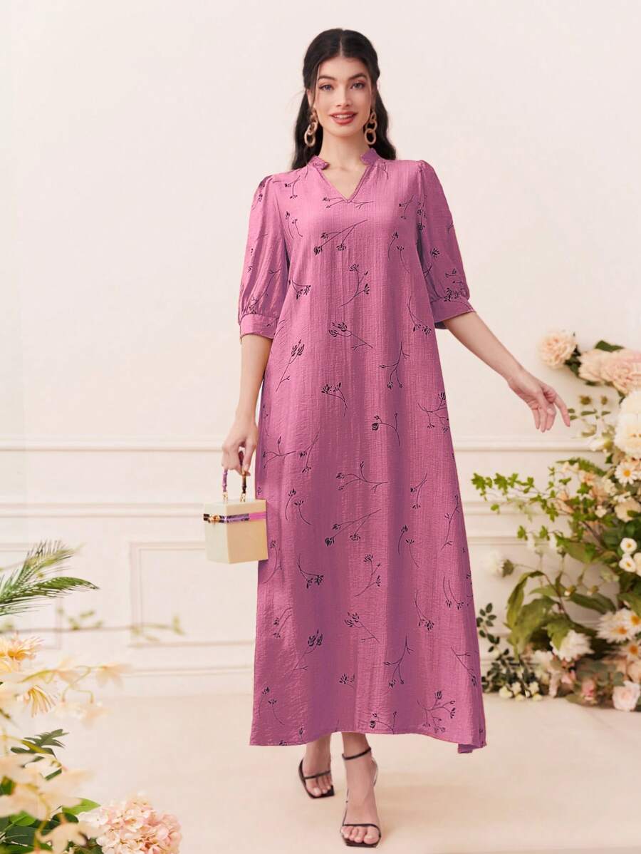 Al Najma 印花缺口領泡泡袖連衣裙 - 玫紅色 - 查看 1