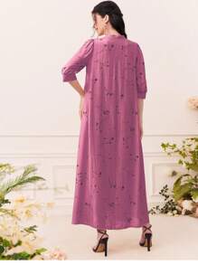 Al Najma 印花缺口領泡泡袖連衣裙 - 玫紅色 - 查看 2