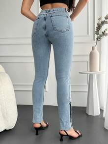 Cottnline Button Side Skinny Jeans - Light Wash - View 2