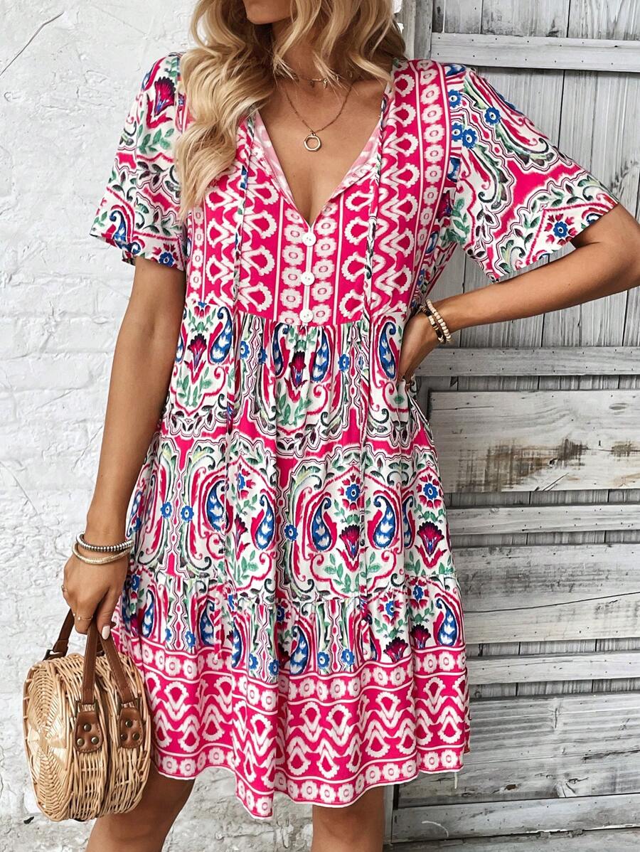 EMERY ROSE Tied Leisure Vacation  Dress With Doll Floral Pattern