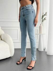 Cottnline Button Side Skinny Jeans - Light Wash - View 3