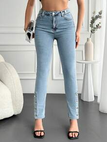 Cottnline Button Side Skinny Jeans - Light Wash - View 4