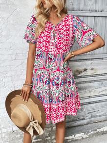 EMERY ROSE Tied Leisure Vacation  Dress With Doll Floral Pattern