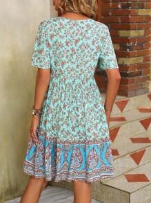 SHEIN Unity Floral Print Vacation Style V-Neck Tie Waist Dress - Multicolor - View 2