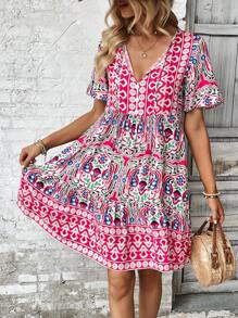 EMERY ROSE Tied Leisure Vacation  Dress With Doll Floral Pattern