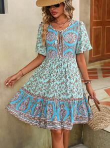 SHEIN Unity Floral Print Vacation Style V-Neck Tie Waist Dress - Multicolor - View 3